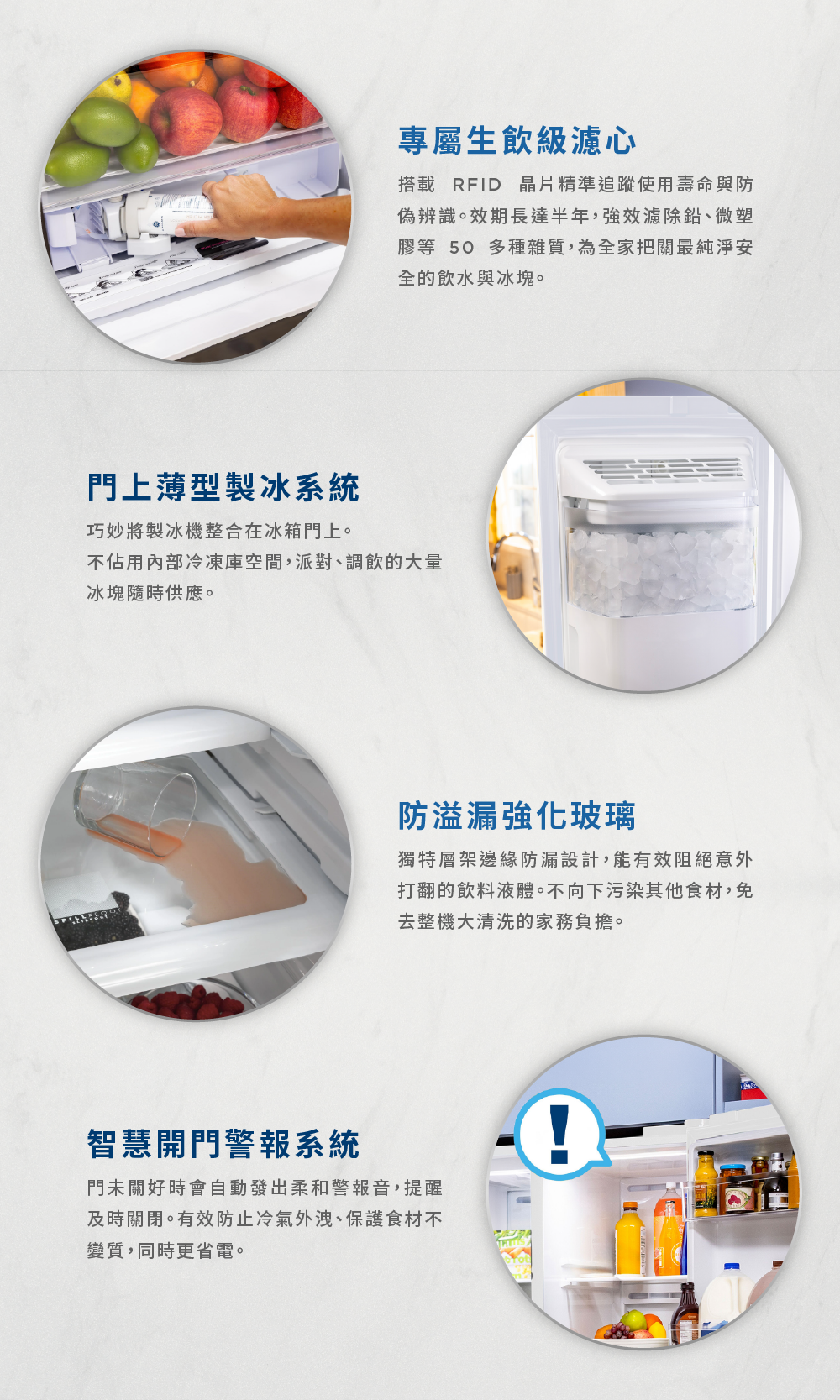 專屬生飲級濾心、門上薄型製冰系統、防溢漏強化玻璃、智慧開門警報系統