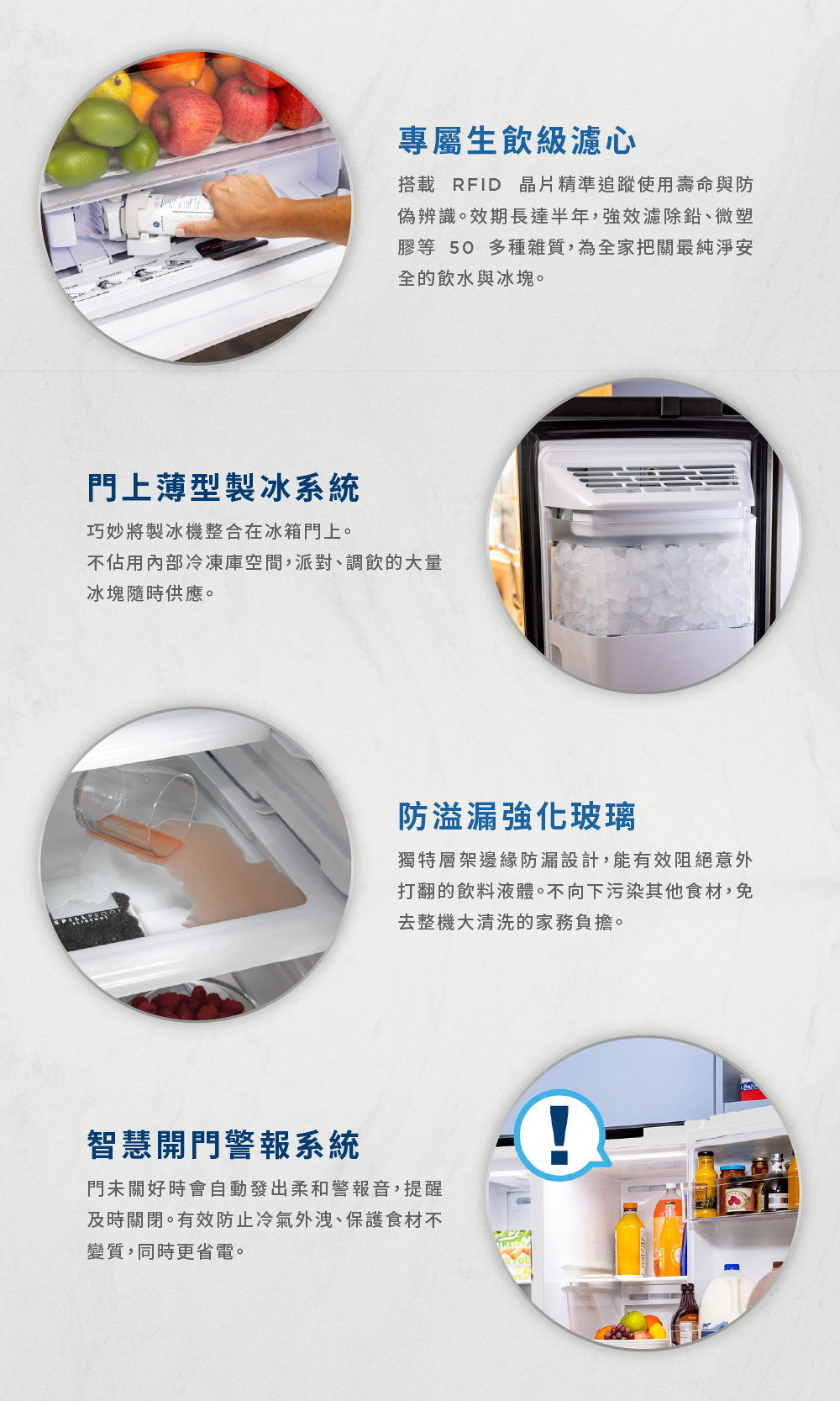 專屬生飲級濾心、門上薄型製冰系統、防溢漏強化玻璃、智慧開門警報系統