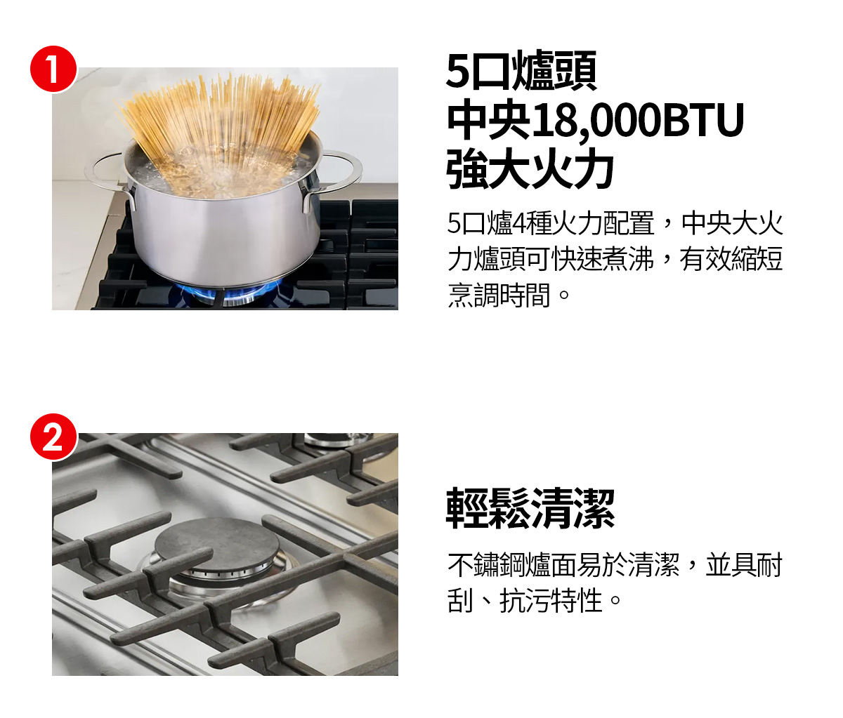 5口爐頭中央18,000BTU強大火力、輕鬆清潔、