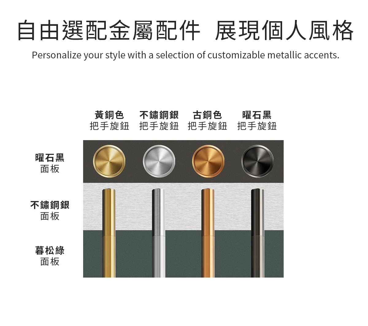 自由選配金屬配件 展示個人風格_黃銅色、不鏽鋼銀、古銅色、曜石黑